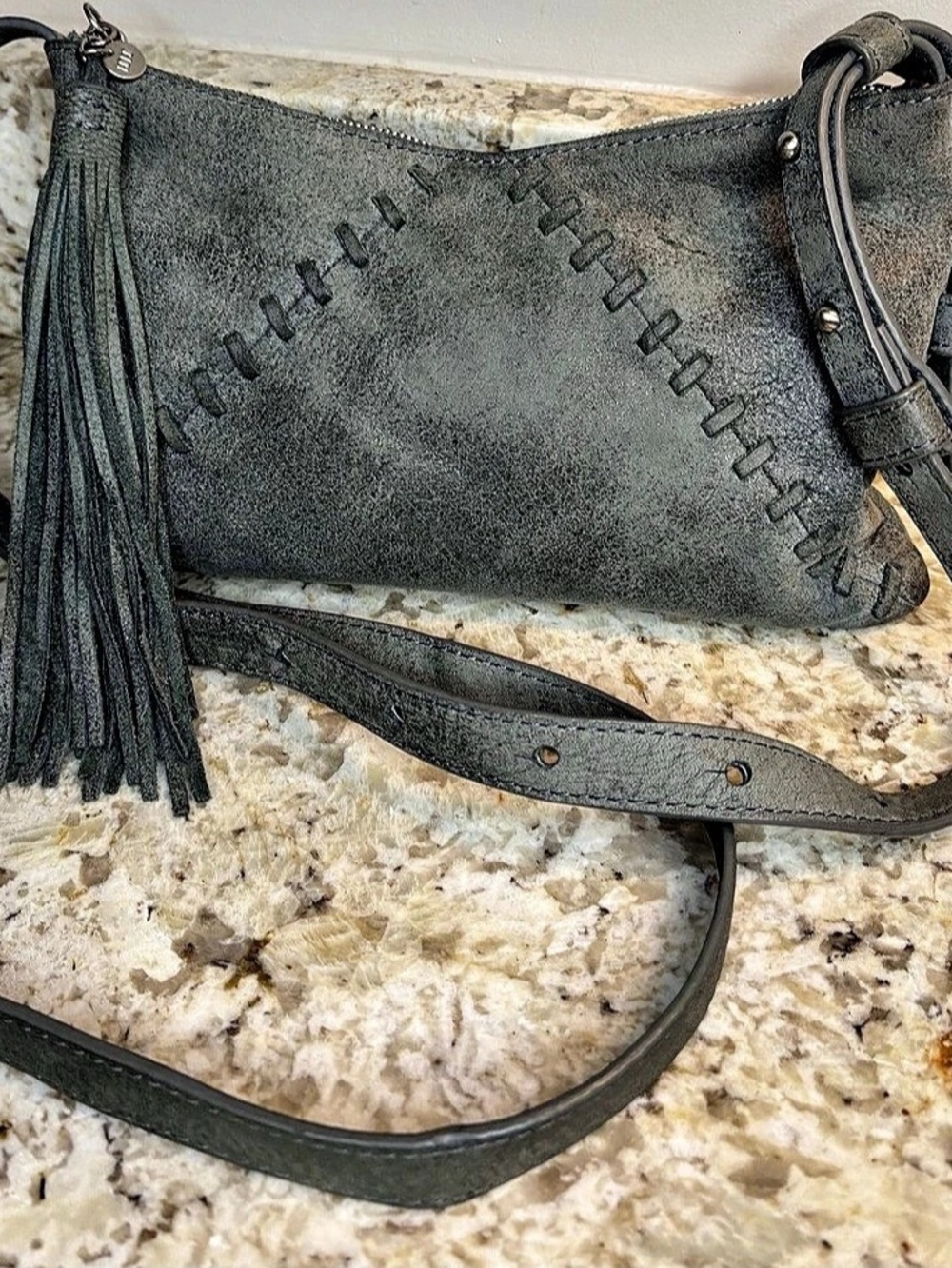 HOBO Crossbody Bag with Tassel in Gray